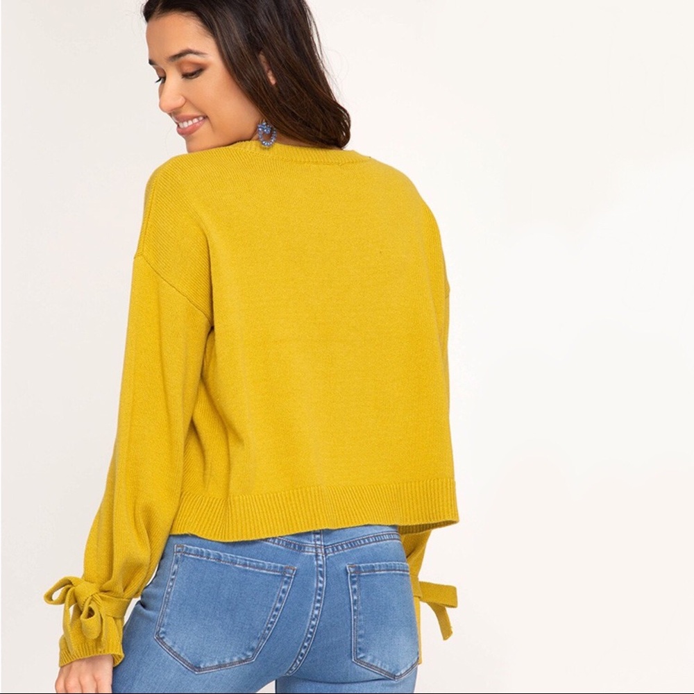 Mustard Bell Sleeve Knit Sweater, Sleeve Tie - Picture 6 of 9